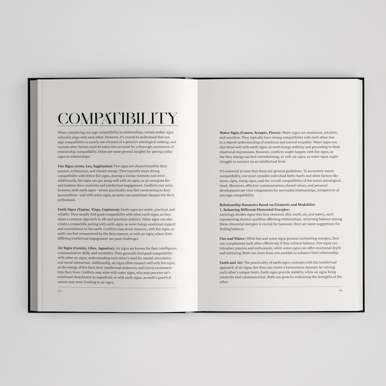 May include: An open book displaying two pages of text under the heading COMPATIBILITY. The content discusses astrological sun sign compatibility, detailing fire, earth, air, and water signs, along with relationship dynamics based on elements.