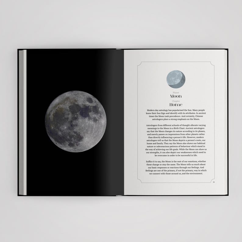 May include: An open book displaying a full-page illustration of the moon on the left side against a black background, and text about the Moon and Home on the right side, featuring a small moon icon above the title and descriptive paragraphs.