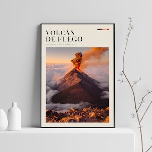 Volcán de Fuego, impressão de pôster de viagem do vulcão, caminhada do vulcão Acatenango na Guatemala, impressão de pôster de arte de parede de viagem