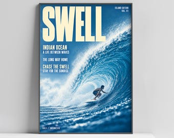 Swell Bali Surf Poster, Retro Surf Magazine Style Wall Art, Blue Ocean Wave Print, Indonesia Surfing Decor, Coastal Surfer Gift