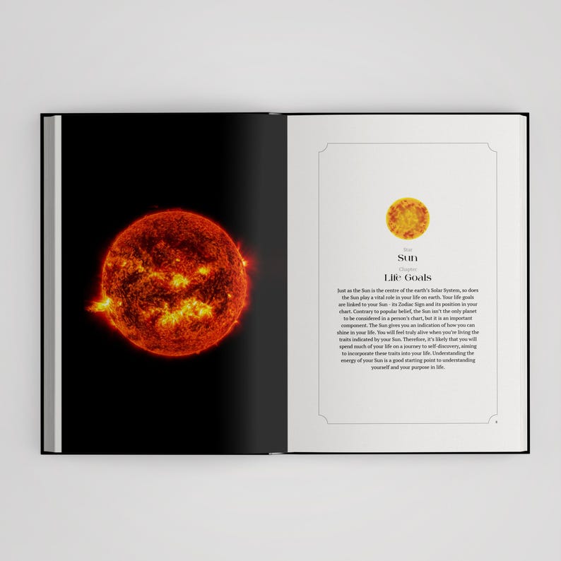 May include: An open book displaying a vibrant, glowing orange and red image of the Sun on the left page. The right page features a small circular icon of the Sun, the text Sun, Life Goals, and a paragraph explaining the Sun's role in astrology.