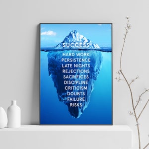 Peut inclure: Une affiche de motivation avec un iceberg bleu sur lequel est inscrit le mot "SUCCESS" en haut et une liste de mots en dessous, notamment "hard work", "persistence", "late nights", "rejections", "sacrifices", "discipline", "criticism", "doubts", "failure", et "risks".