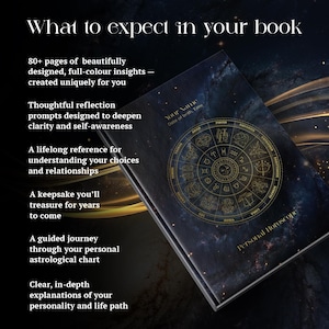 May include: A dark blue, galaxy-themed book titled Personal Horoscope featuring a gold zodiac wheel on the cover. Text on the left reads: What to expect in your book, 80+ pages of beautifully designed, full-colour insights, reflection prompts, and explanations.