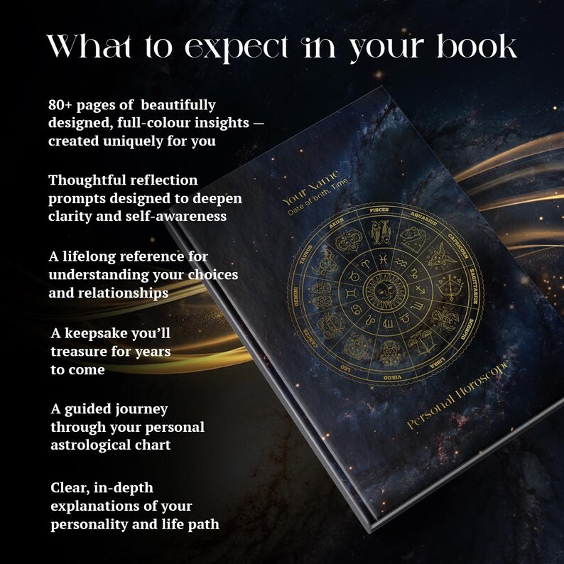 May include: A dark blue, galaxy-themed book titled Personal Horoscope featuring a gold zodiac wheel on the cover. Text on the left reads: What to expect in your book, 80+ pages of beautifully designed, full-colour insights, reflection prompts, and explanations.