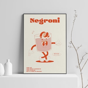 Impresión Negroni, Cartel de cóctel, Arte de pared de cóctel retro, Ilustración linda, Cartel de personaje de dibujos animados, Impresión de cartel de bar