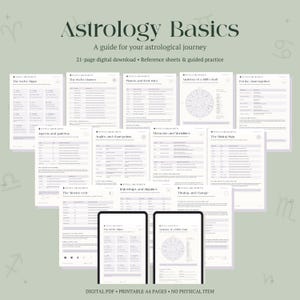 Op de afbeelding: Een digitale download van 21 pagina's getiteld Astrology Basics, met referentiebladen en begeleide oefeningen. De collectie bevat meerdere witte pagina's met donkere tekst en grafieken op een lichtgroene achtergrond met dierenriemsymbolen.