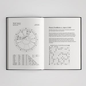 May include: An open book displaying a natal chart with a circular zodiac wheel, a planet position table, and a text section titled Planet Positions & Aspect Grid. The black and white pages feature detailed astrological symbols and data.