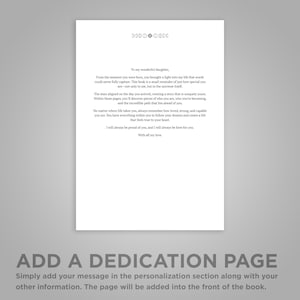 May include: A white rectangular page featuring a black moon phase icon at the top and a printed message addressed to a daughter. The text expresses sentiments about love, stars, and personal growth, concluding with the sign-off, With all my love.