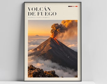 Volcán de Fuego, Volcano poster travel print, Acatenango Volcano Hike Guatemala Travel Wall Art Poster Print