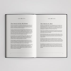 May include: An open book with two pages of black text on a white background. The left page is titled The Sun is in the 6th House, and the right page is titled The Sun is in Aries. Both pages feature small moon phase icons at the top center.