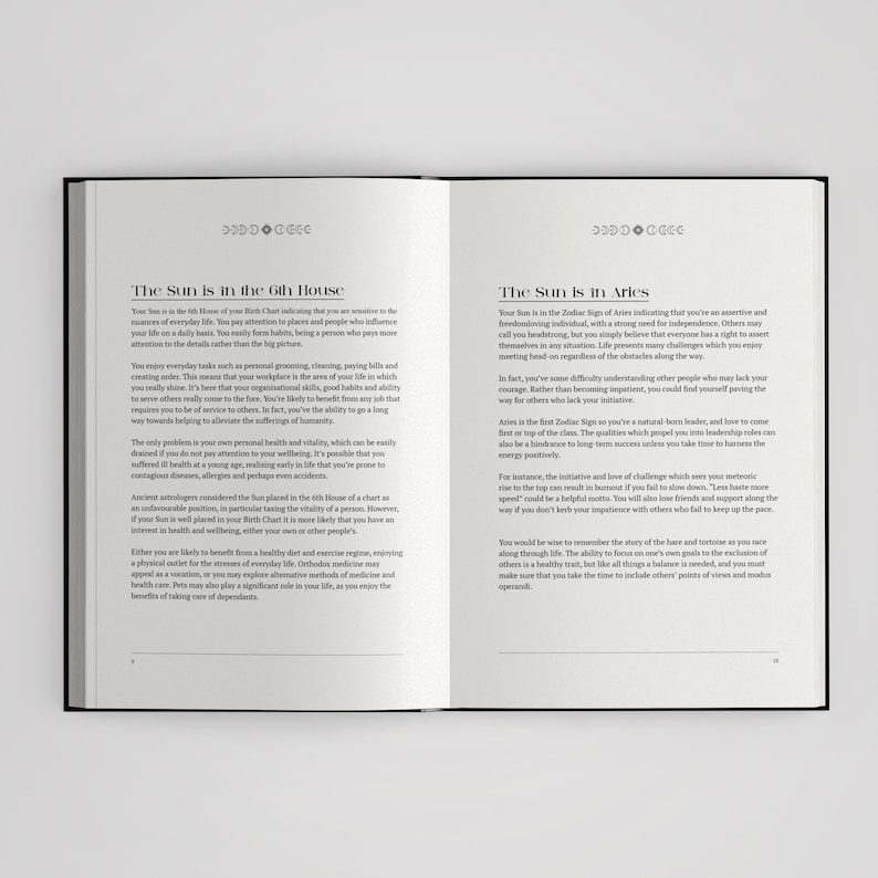 May include: An open book with two pages of black text on a white background. The left page is titled The Sun is in the 6th House, and the right page is titled The Sun is in Aries. Both pages feature small moon phase icons at the top center.