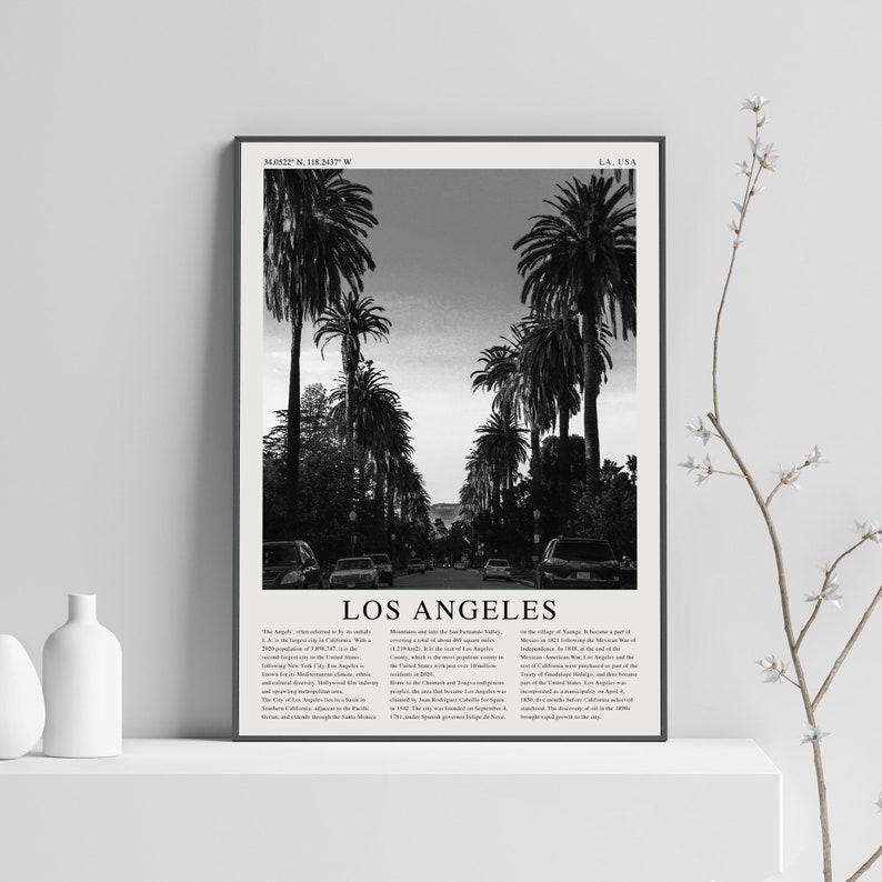 May include: Black and white photograph of palm trees lining a street in Los Angeles, California. The image includes the text "Los Angeles" and coordinates "34.0522&deg; N, 118.2437&deg; W".