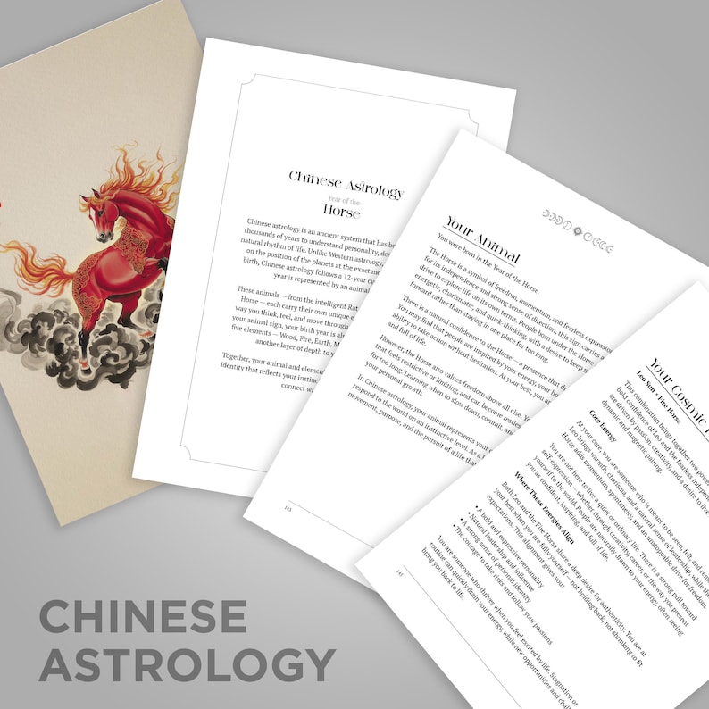 May include: A set of printed pages featuring Chinese astrology content. One page displays a red horse illustration with flowing flames and dark clouds. Other pages contain black text with headings including Chinese Astrology, Your Animal, and Your Cosmic Profile.