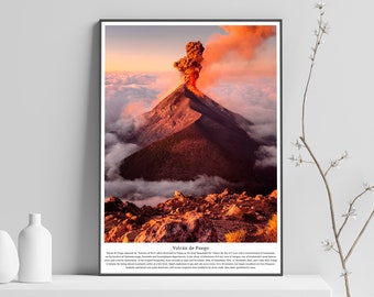 Volcán de Fuego, Volcano poster travel print, Acatenango Volcano Hike Guatemala Travel Wall Art Poster Print