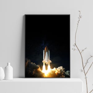 May include: A white and orange space shuttle launches into a dark sky with a trail of smoke and fire. The shuttle is surrounded by clouds and stars.