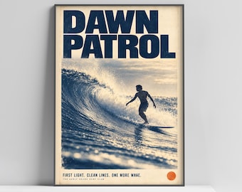 Dawn Patrol Surf Poster, Vintage Surfing Wall Art, Navy Blue and Cream Coastal Print, Retro Beach Decor, Surfer Gift, A1 Poster