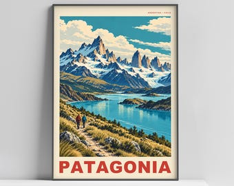 Patagonia Travel Poster Print – Vintage Mountain & Lake Wall Art, Argentina Chile Landscape