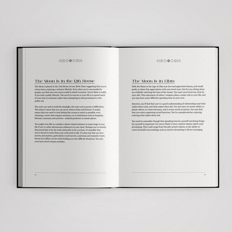 May include: An open book with black text on white pages. The left page is titled The Moon is in the 12th House, and the right page is titled The Moon is in Libra. Both pages feature a small decorative moon phase icon centered above the text.