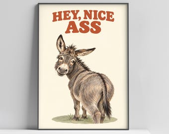 Hey Nice Ass Print, Donkey, Funny Bathroom prints, Framed Posters, Green Home Decor, Downstairs Toilet