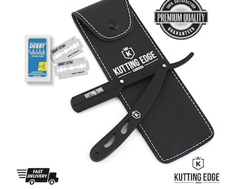 Maquinilla de afeitar de acero inoxidable negra de corte recto para peluquería Rasoirs Rasoi Navalha + 10 cuchillas y estuche gratis