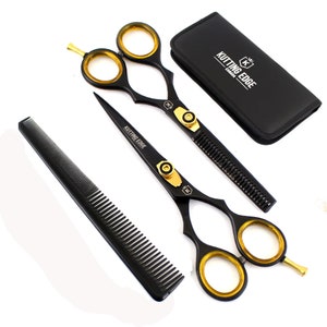 Professional Salon Hairdressing Hair Cutting and Thinning Black and Gold Barber Scissors Kit 6.0&quot; + Free Comb & Pouch