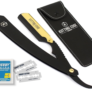Barber Salon Straight Cut Throat Black and Gold Stainless Steel Shaving Razor Rasoirs Rasoi Navalha + Free 10 Blades & Pouch