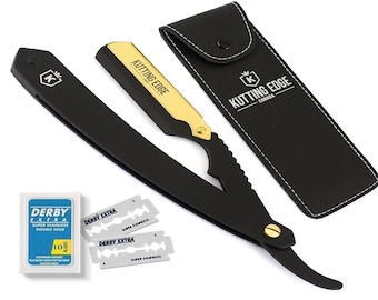 Maquinilla de afeitar de acero inoxidable negra y dorada de corte recto para peluquería Rasoirs Rasoi Navalha + 10 cuchillas y estuche gratis
