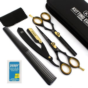 Professional Barber Hair Cutting Thinning 6&quot; Scissors Black and Gold Set Hairdressing Salon + Free Straight Razor & Comb