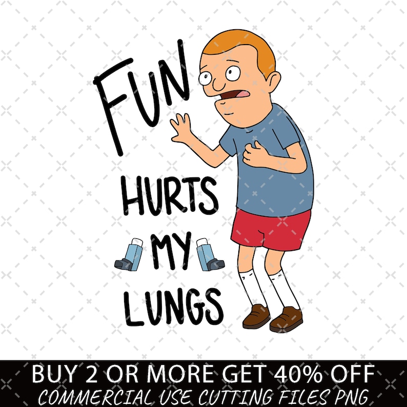 Op de afbeelding: Een cartoonillustratie van een man met rood haar en een blauw shirt, die zijn borst vasthoudt en "Fun hurts my lungs" zegt. De tekst is zwart en de achtergrond is wit.