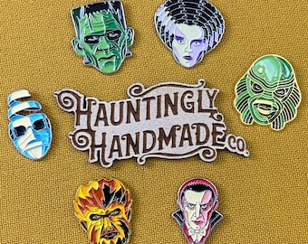 Halloween Horror Collectible Enamel Pins | Frankenstein Monster, Bride, Dracula, Wolfman, Invisible Man & Creature Black Lagoon