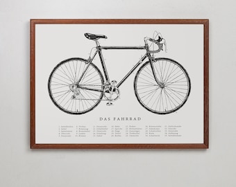 May include: A framed print featuring a detailed black and white illustration of a bicycle, labeled with German terms. The artwork showcases the bike's components, including the frame, wheels, and gears. The print is encased in a brown wooden frame.