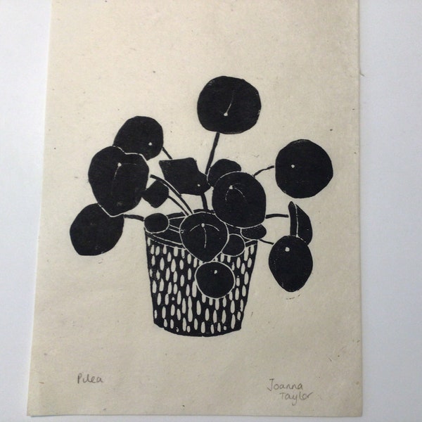 Pilea plant handmade Lino print