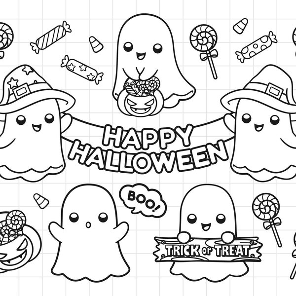 Cute ghost digital stamp. Halloween digistamp. Chibi ghosts line art. Kawaii doodle outline. Personal & Commercial use. Digital Download