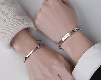 Personalized Couple Bracelets, Solid Sterling Silver Couple Bar Bracelet, Custom BFF Chain, Adjustable Matching Long Distance Bracelet