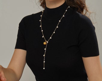 Collier ras du cou fait main avec perles dorées, collier de perles de perles naturelles multi-fleurs réglables, parure de bijoux avec pendentif en Y pour femmes