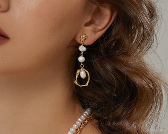 Vintage 18K Gold Filled Natural Baroque Pearls Earrings Long Big Pearl Earring Jewelry set 925 Sliver EarStud Dainty Wedding Dangles EarDrop