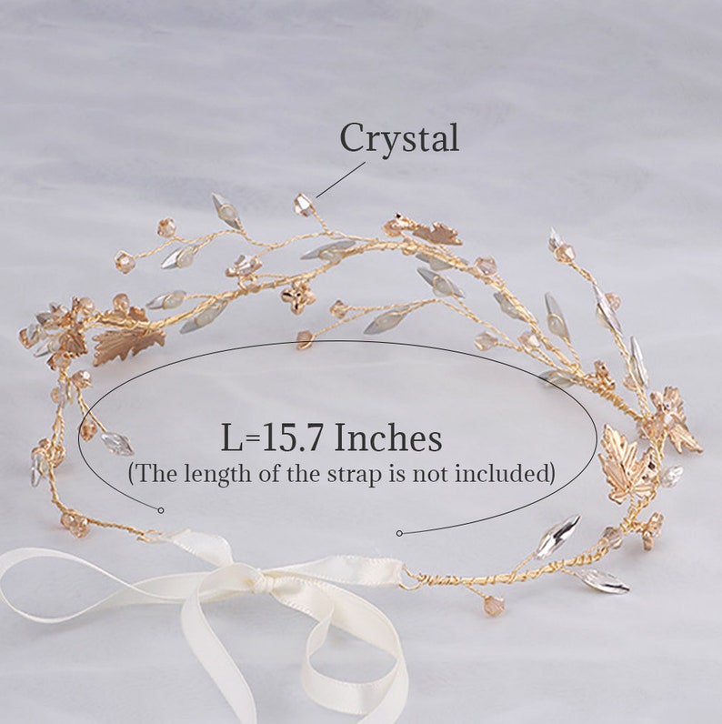 Bandeau de cheveux de liane de mariage feuille d'or, accessoires de postiche de mariée pétale de perle de cristal, bandeau floral réglable, couronne de déesse des fleurs image 4