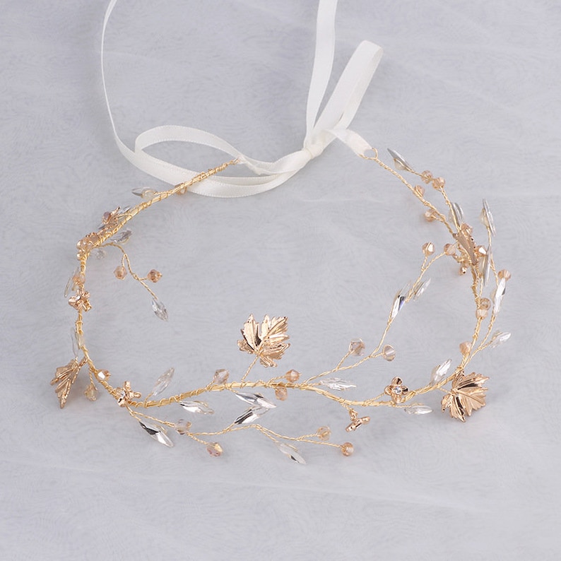 Gold Leaf Wedding Hair Vine Headpiece, Crystal Pearl Petal Bridal Hairpiece Accessories, Adjustable Floral Headband, Flower Goddess Crown Gold