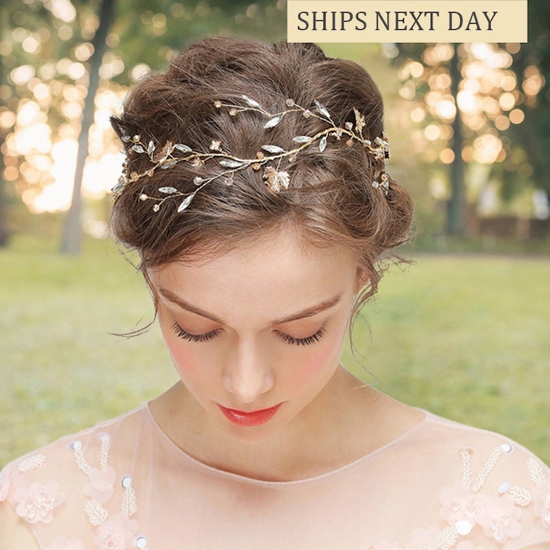 Gold Leaf Wedding Hair Vine, Bridal Hairpiece, Floral Blush Crystal Headband, Hair Accessories, Flower Crown, Goddess, with Organza Ribbon 