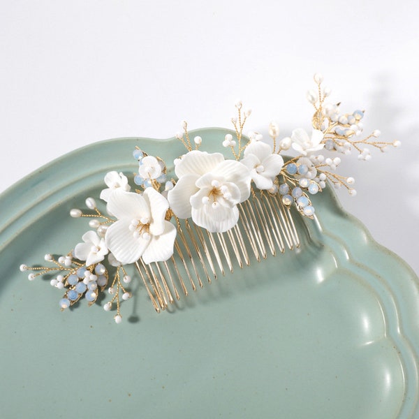 Gold White Wedding Hair Vine, Bridal Hairpiece, Floral Blush Crystal Comb, Hair Accessories, Flower Prom Crown, Goddess, Summer FZestival