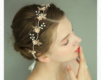 Pearls Bridal Headpiece, Women Headpiece with Flowers, Bridal Hair Accessories,Handmade Headband,Wedding Accessories,Party Headband for Girl