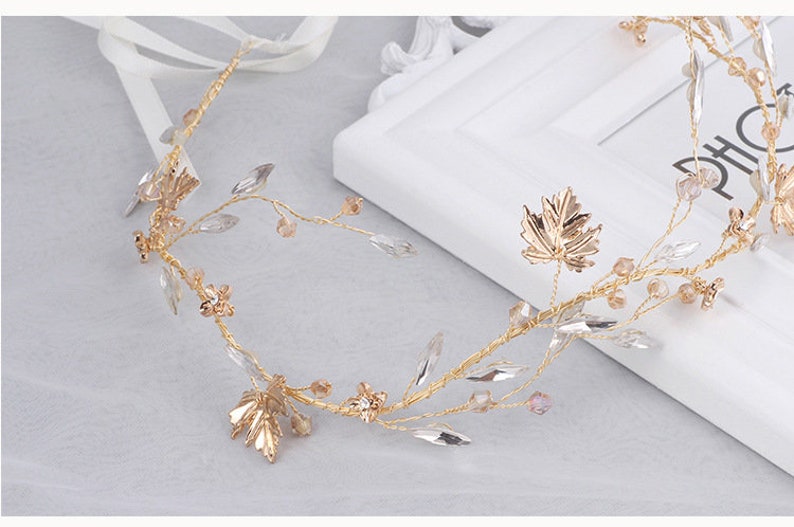 Gold Leaf Wedding Hair Vine Headpiece, Crystal Pearl Petal Bridal Hairpiece Accessories, Adjustable Floral Headband, Flower Goddess Crown image 9