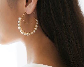 Boucles d'oreilles en perles vintage, boucles d'oreilles en perles doubles cercle, bijoux de mariée minimalistes en perles d'eau douce, cadeau d'anniversaire pour elle
