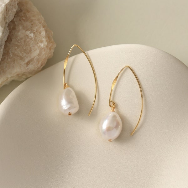 Dainty 18K Gold Baroque Pearl Earrings, Natural Teardrop Pearl EarHoop Jewelry set, Wire 925 Sliver Long EarStud, Vintage Wedding Dangles