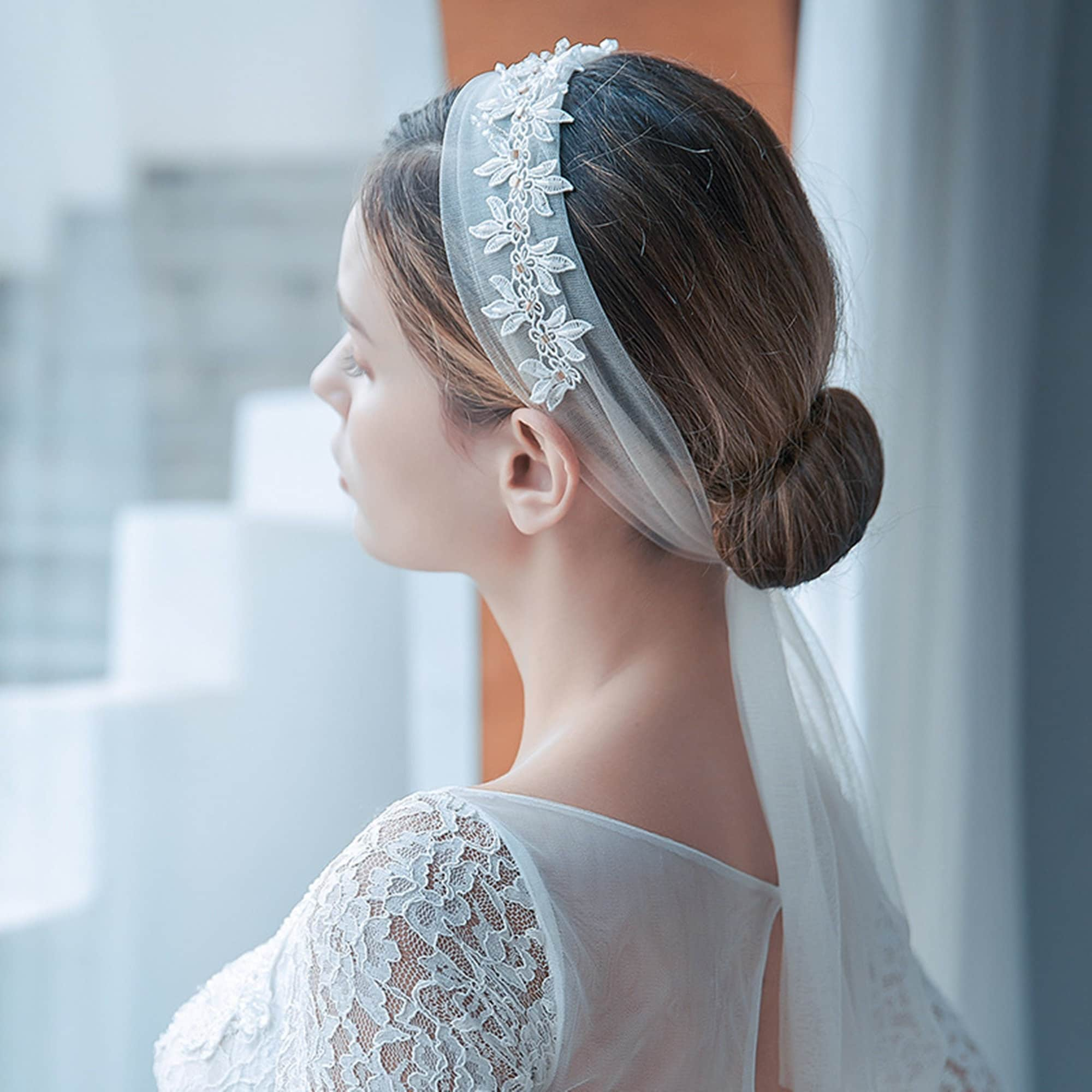 Bachelorette Party Bridal Veil Women Elastic Hairband Veil Crystal Crown  Headband with Lace Veil Wedding Bridal Headwear