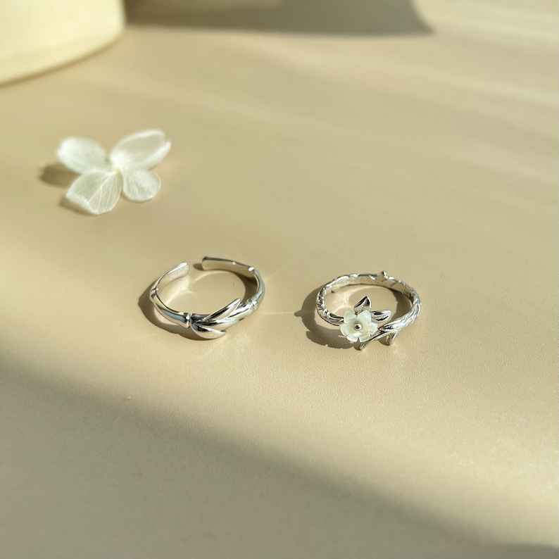 Initial Sterling Silver Couple Rings Set, Minimalist Promise Dainty Flower Shell Charm Woman Ring, Custom Long Distance Name Ring For BFF image 2