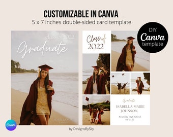 Plantilla Canva de tarjeta de anuncio de invitación de graduación Boho neutro minimalista moderno estético, fotos para personas mayores, invitación a fiesta de graduación, 5 x 7 pulgadas