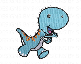 May include: A cartoon dinosaur in light blue with orange accents, smiling and waving. The dinosaur has a friendly expression and is outlined in black. The background is white, with text that reads "DESIGNS BY SKY".