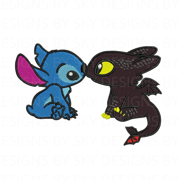 Kawaii Toothless Dragon and Stitch Machine Embroidery Design File, How to Train Your Dragon Embroidery, Lilo & Stitch File, Instant Download