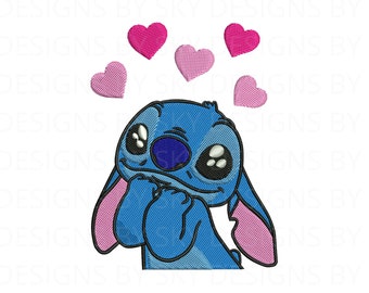 Archivo de diseño de bordado de máquina de puntada kawaii con corazones, Bordado de Lilo y Stitch, Ojos de corazón de puntada, Archivo de bordado, Descarga instantánea